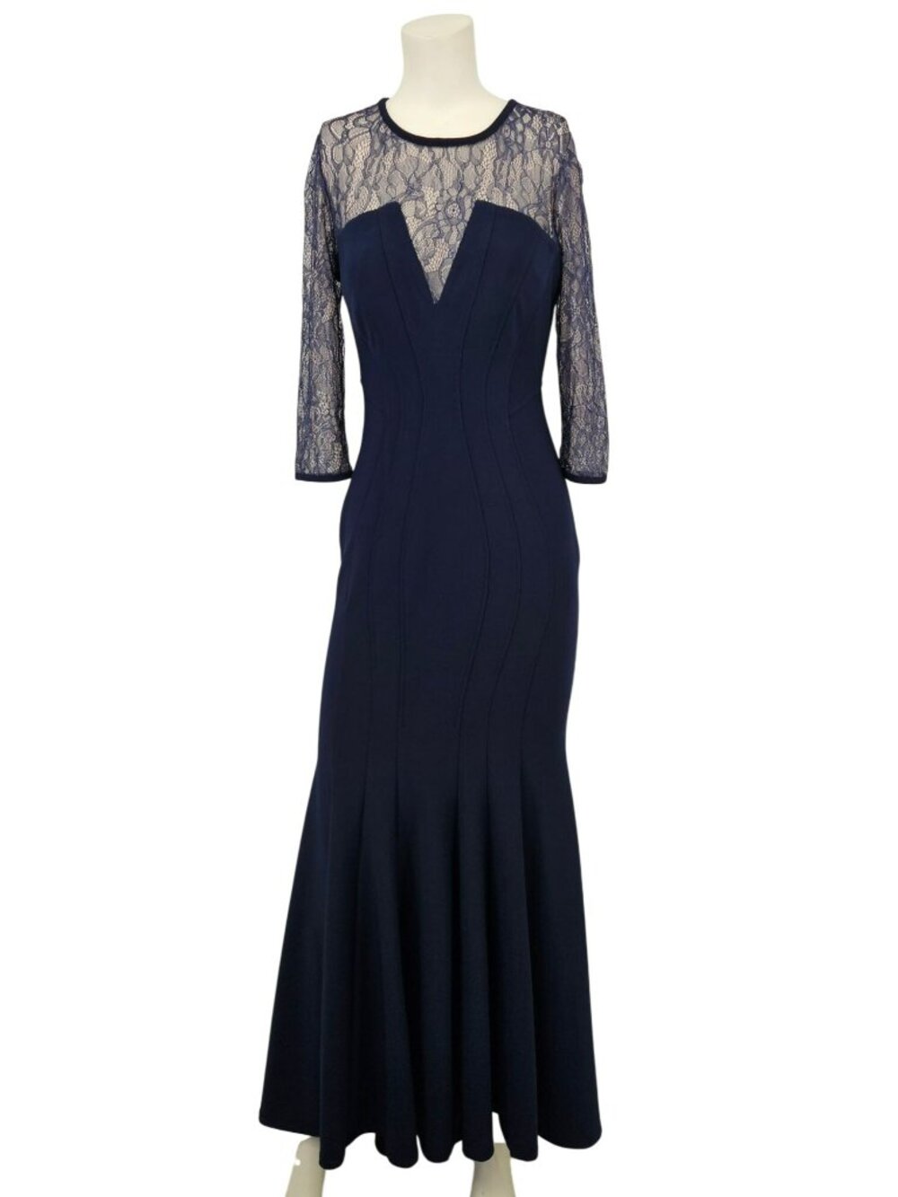Betsy & Adam Navy Lace Overlay Formal Evening Dress Gown Long Sleeve 10P USA